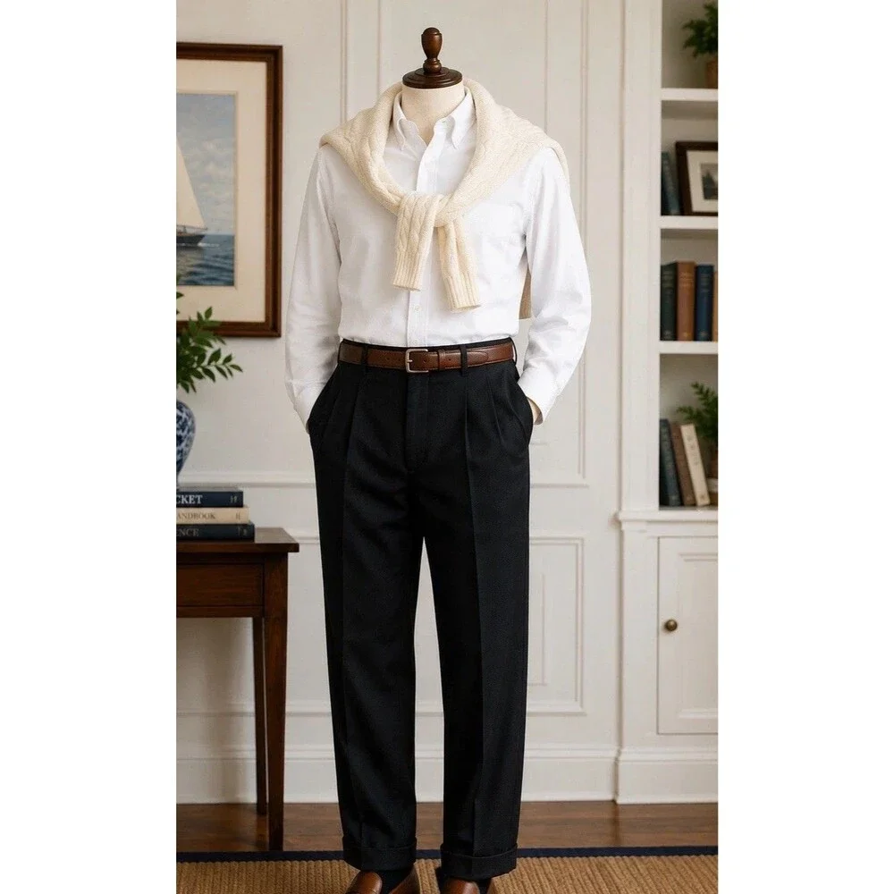 IZOD American Chino Men’s Black Double Pleated Dress Pants 36x34 Cuffed Classic